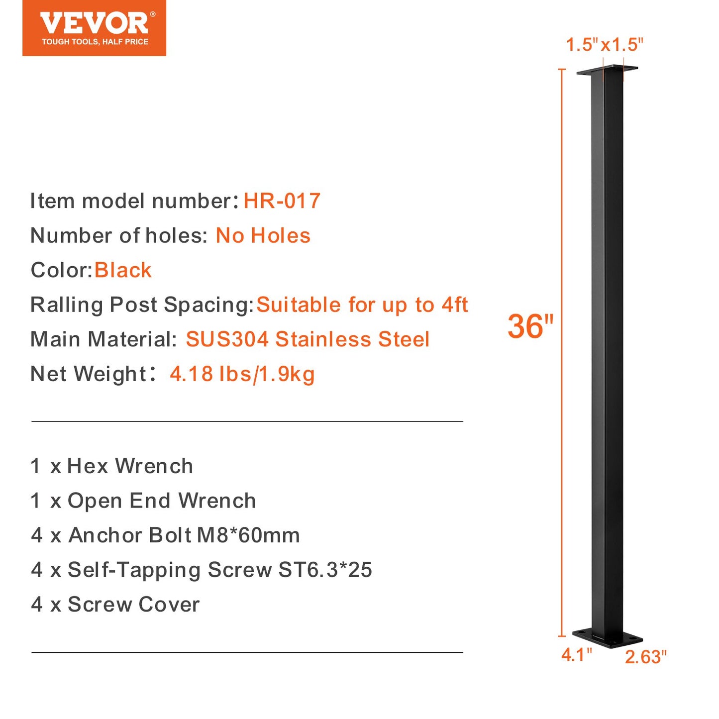 VEVOR Cable Rail Post Level Deck Stair Post 36 x 1.5 x 1.5 Cable Handrail Post Stainless Steel Brushed Finishing Deck Railing DIY Picket Without Hole Stair Railing Kit with Mount Bracket Black