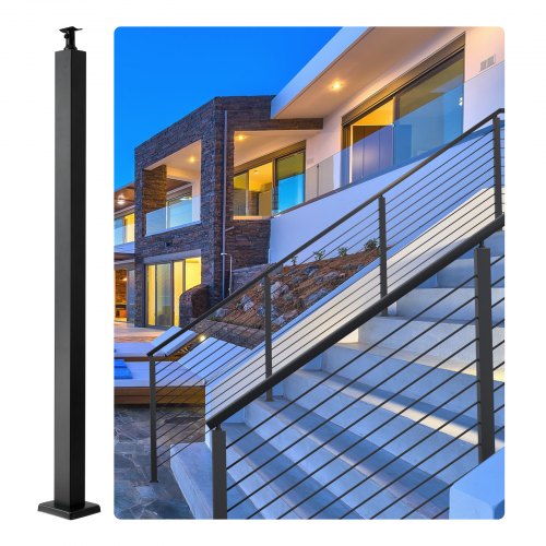 VEVOR Cable Rail Post Level Deck Stair Post 42 x 1.97 x 1.97 Cable Handrail Post Stainless Steel Brushed Finishing Deck Railing DIY Picket Without Hole Stair Railing Kit with Mount Bracket Black