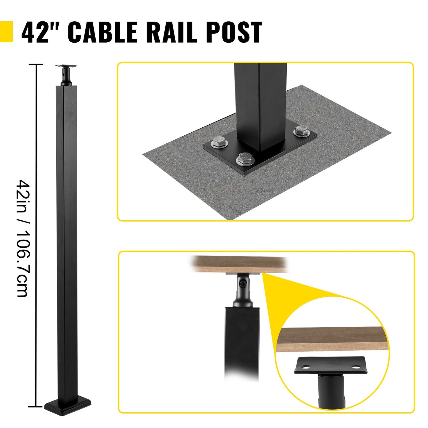 VEVOR Cable Rail Post Level Deck Stair Post 42 x 1.97 x 1.97 Cable Handrail Post Stainless Steel Brushed Finishing Deck Railing DIY Picket Without Hole Stair Railing Kit with Mount Bracket Black