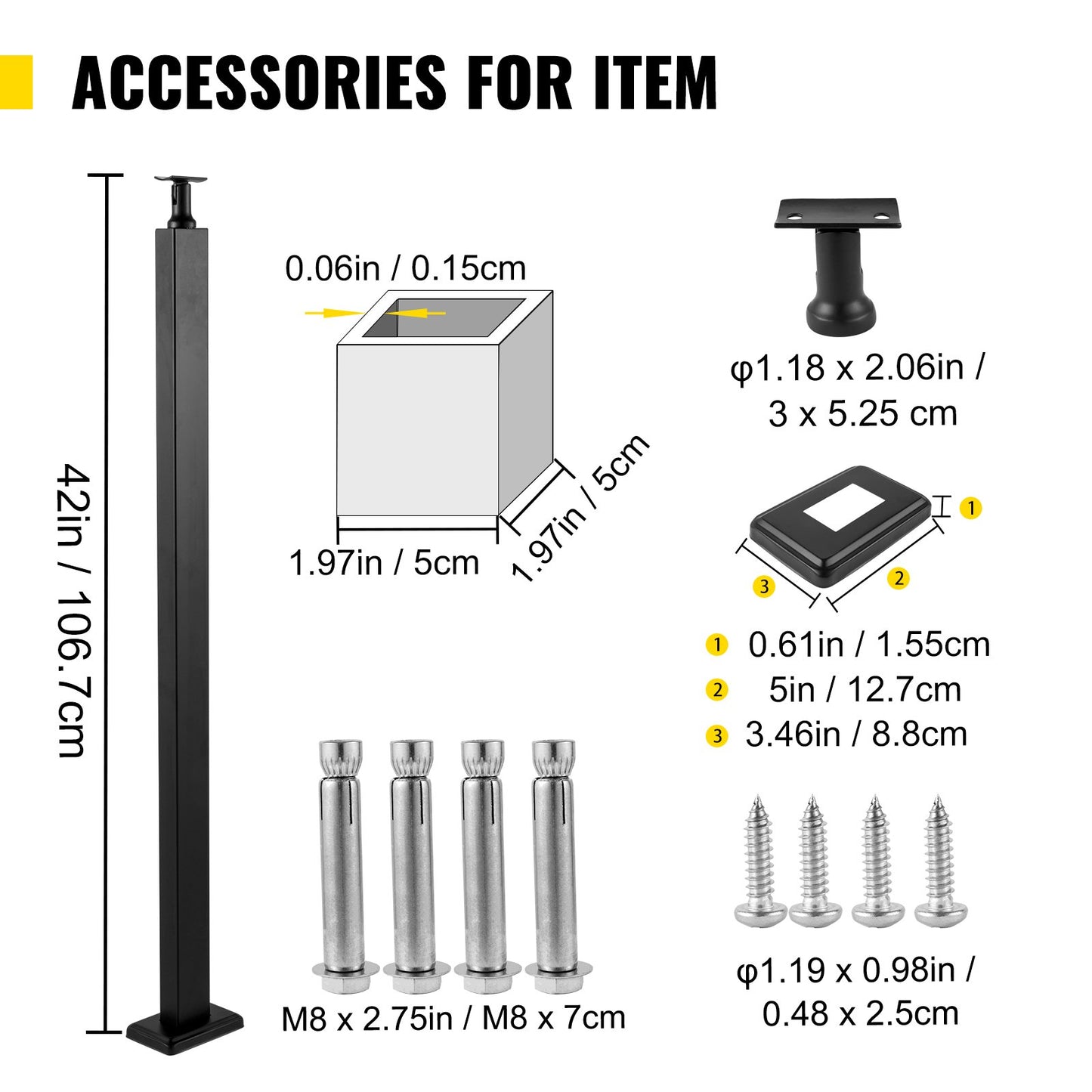 VEVOR Cable Rail Post Level Deck Stair Post 42 x 1.97 x 1.97 Cable Handrail Post Stainless Steel Brushed Finishing Deck Railing DIY Picket Without Hole Stair Railing Kit with Mount Bracket Black