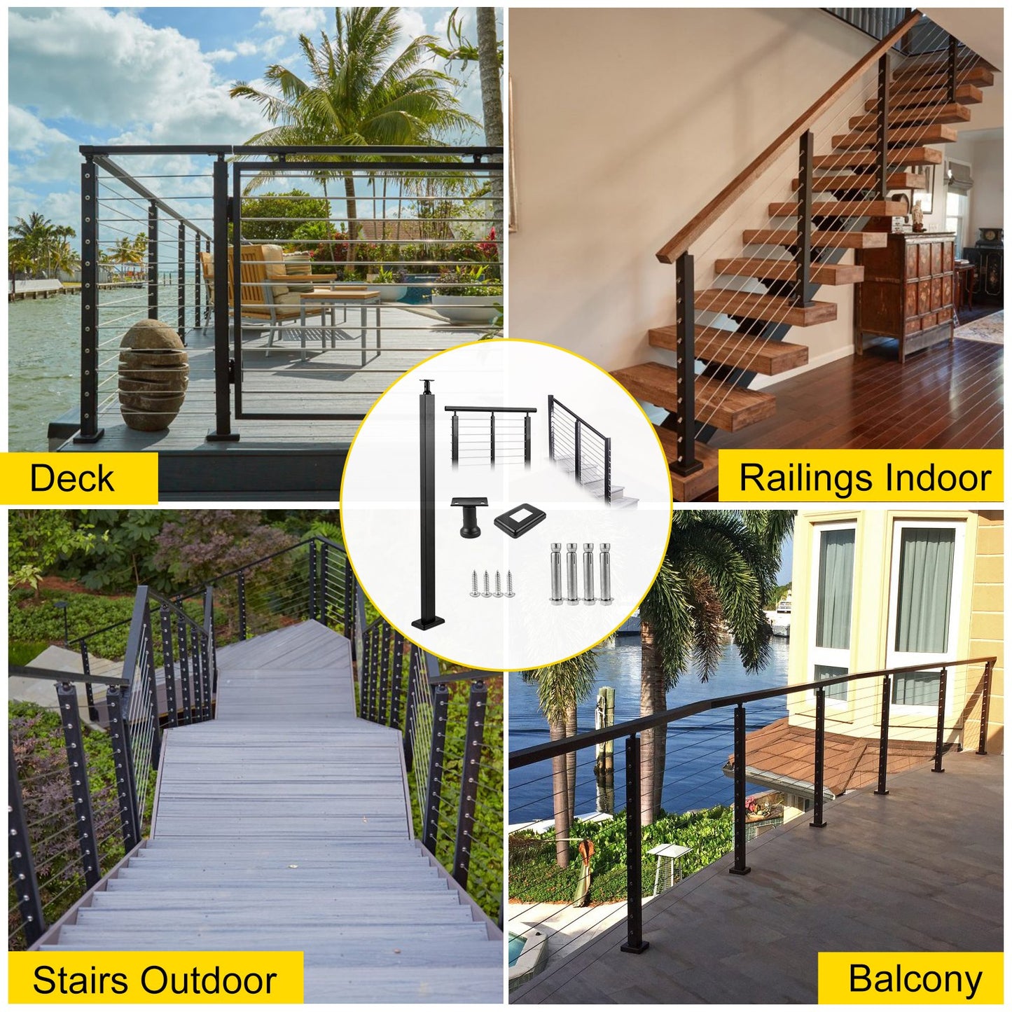 VEVOR Cable Rail Post Level Deck Stair Post 42 x 1.97 x 1.97 Cable Handrail Post Stainless Steel Brushed Finishing Deck Railing DIY Picket Without Hole Stair Railing Kit with Mount Bracket Black
