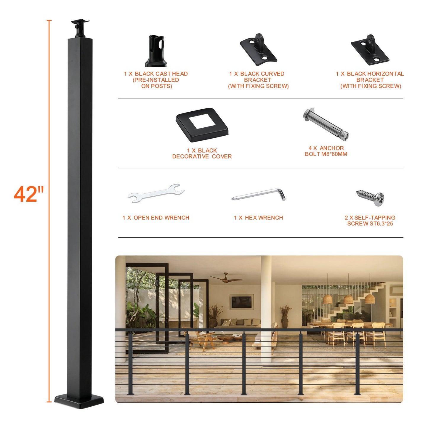 VEVOR Cable Rail Post Level Deck Stair Post 42 x 1.97 x 1.97 Cable Handrail Post Stainless Steel Brushed Finishing Deck Railing DIY Picket Without Hole Stair Railing Kit with Mount Bracket Black