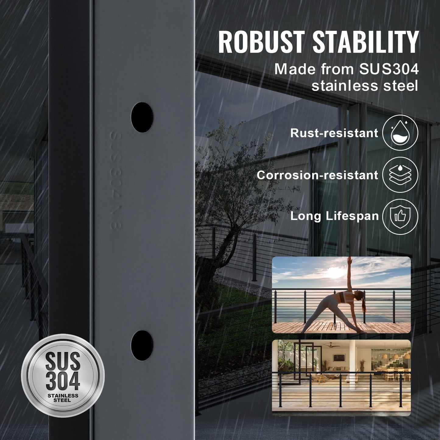 VEVOR Cable Railing Post Level Deck Stair Post 42 x 1.97 x 1.97 Cable Handrail Post Stainless Steel Brushed Finishing Deck Railing Pre-Drilled Pickets with Mounting Bracket Stair Railing Kit Black