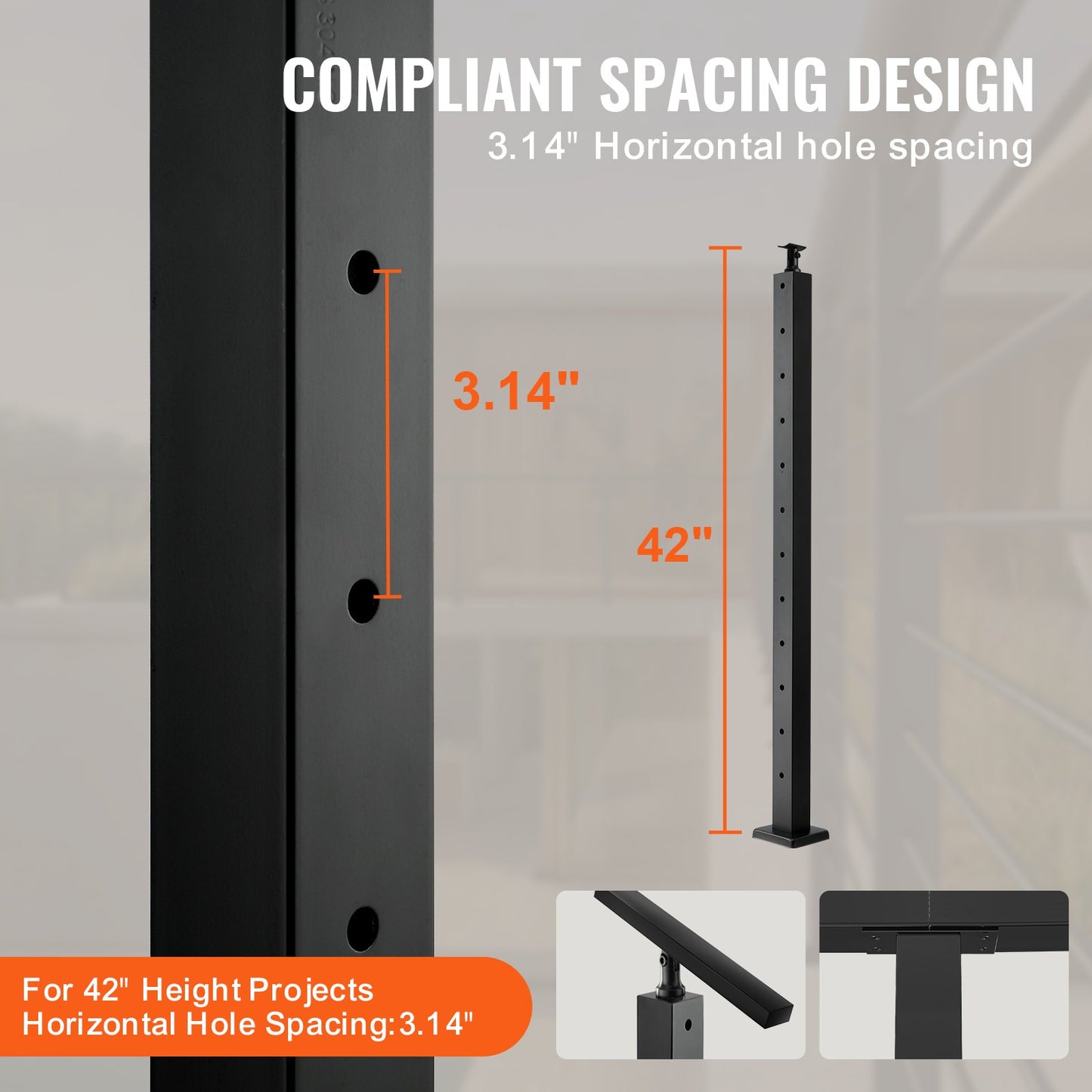 VEVOR Cable Railing Post Level Deck Stair Post 42 x 1.97 x 1.97 Cable Handrail Post Stainless Steel Brushed Finishing Deck Railing Pre-Drilled Pickets with Mounting Bracket Stair Railing Kit Black