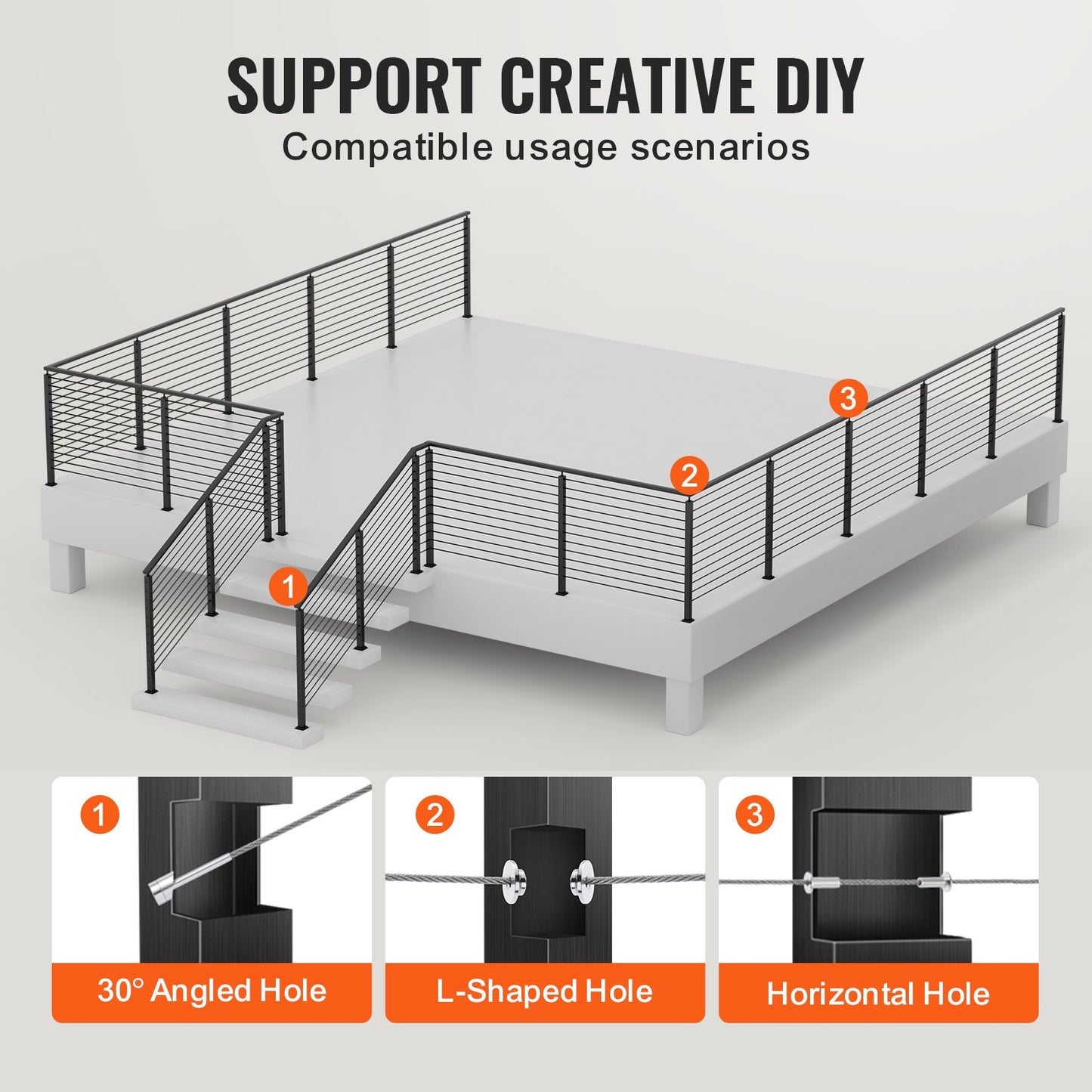 VEVOR Cable Railing Post Level Deck Stair Post 42 x 1.97 x 1.97 Cable Handrail Post Stainless Steel Brushed Finishing Deck Railing Pre-Drilled Pickets with Mounting Bracket Stair Railing Kit Black