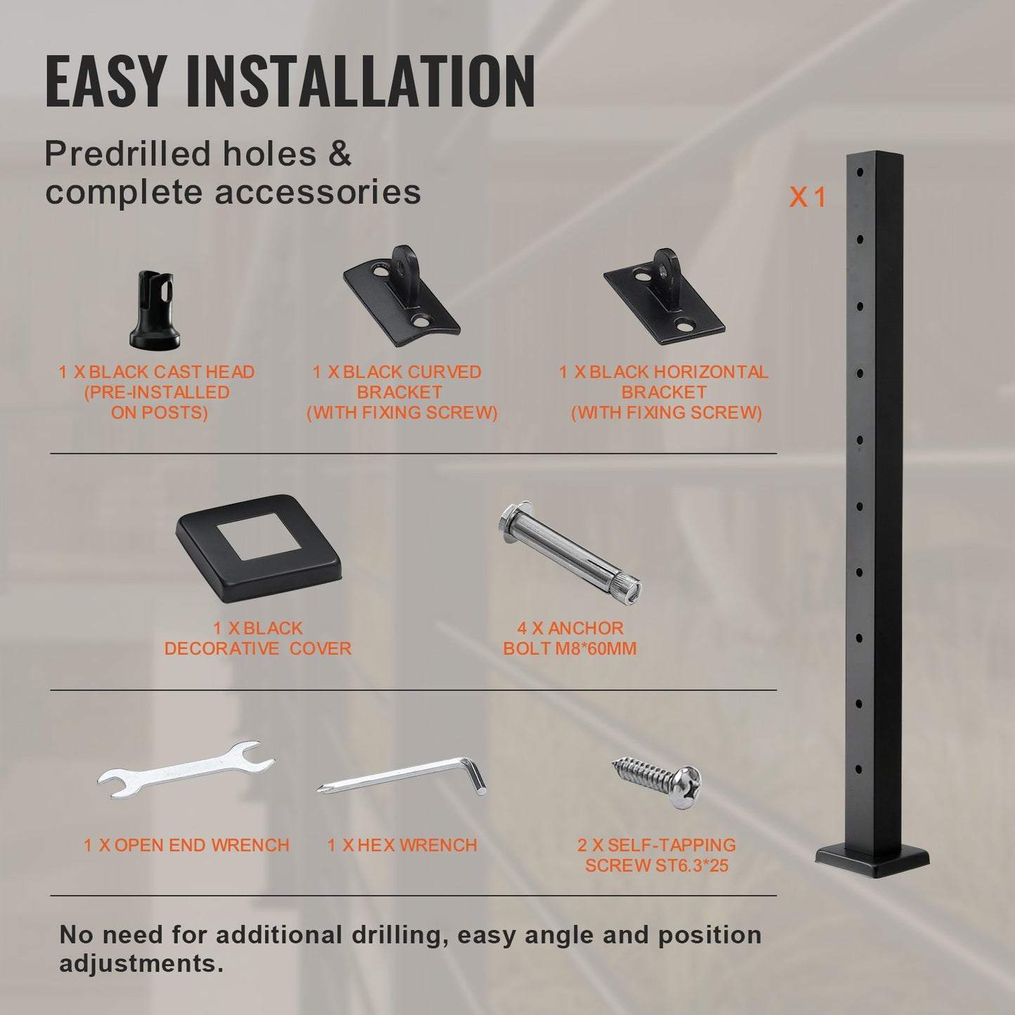 VEVOR Cable Railing Post Level Deck Stair Post 42 x 1.97 x 1.97 Cable Handrail Post Stainless Steel Brushed Finishing Deck Railing Pre-Drilled Pickets with Mounting Bracket Stair Railing Kit Black