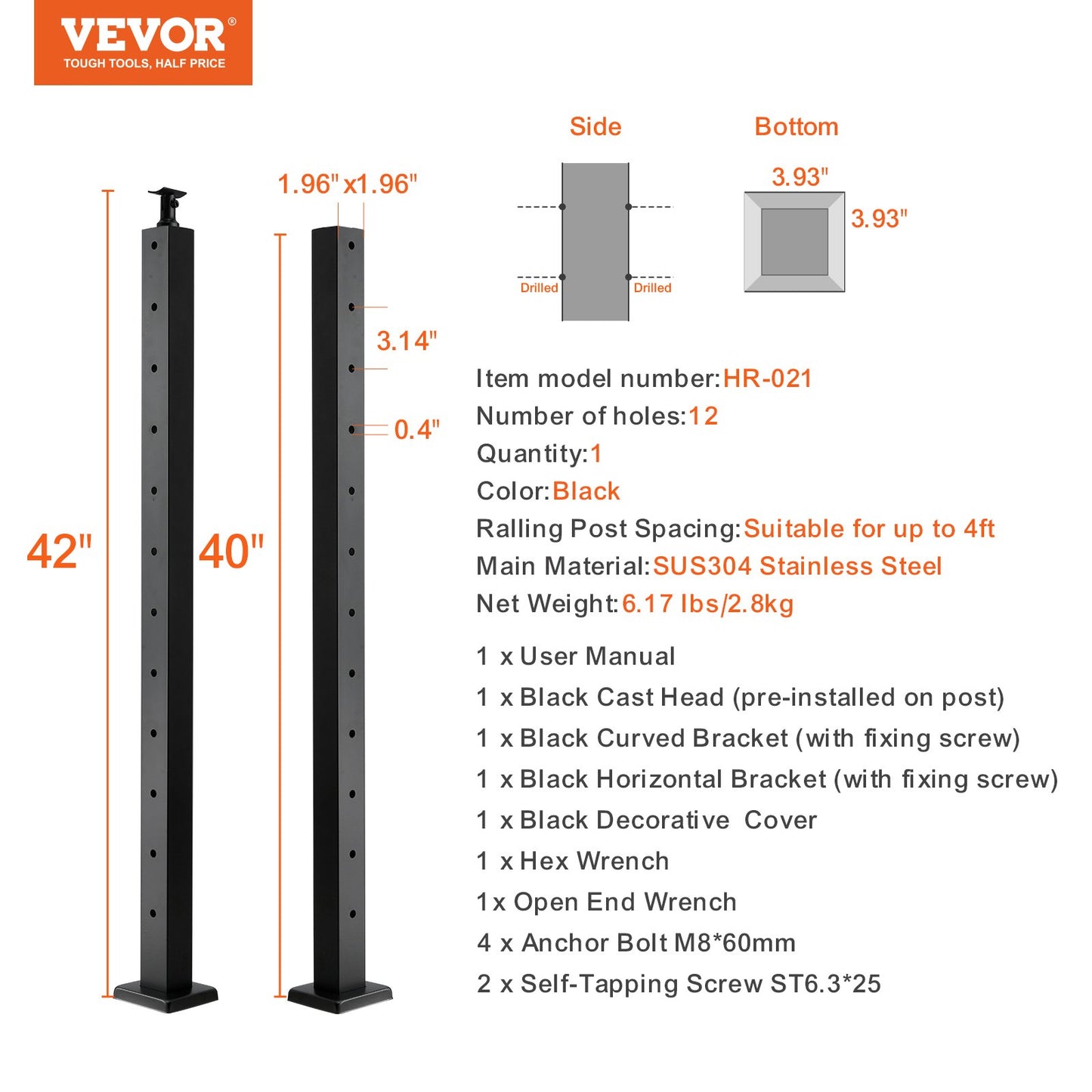 VEVOR Cable Railing Post Level Deck Stair Post 42 x 1.97 x 1.97 Cable Handrail Post Stainless Steel Brushed Finishing Deck Railing Pre-Drilled Pickets with Mounting Bracket Stair Railing Kit Black