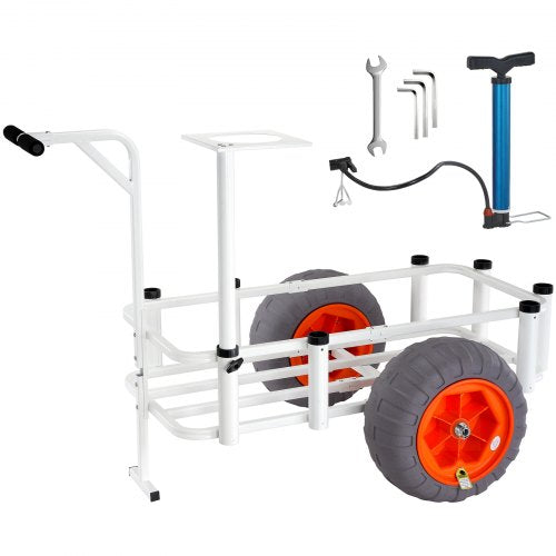 Beach Fishing Cart, 350 lbs Load Capacity, Fish and Marine Cart with Two 16' Big Wheels PU Balloon Tires for Sand, Heavy-Duty Aluminum Pier Wagon Trolley with 8 Rod Holders for Fishing, Picnic