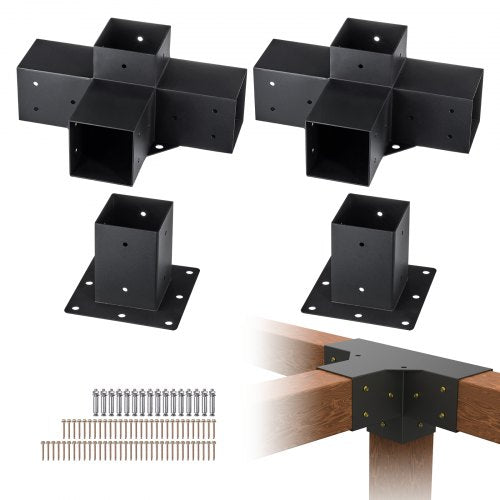 VEVOR Pergola Bracket Kit 4''x4'', 4pcs 4-Way Heavy Duty Corner Bracket Woodworks DIY Post Base Kit, Easy Installation Wooden Beams for Gazebos, Patio Pergolas, Log Cabin Outdoor Pergola Hardware
