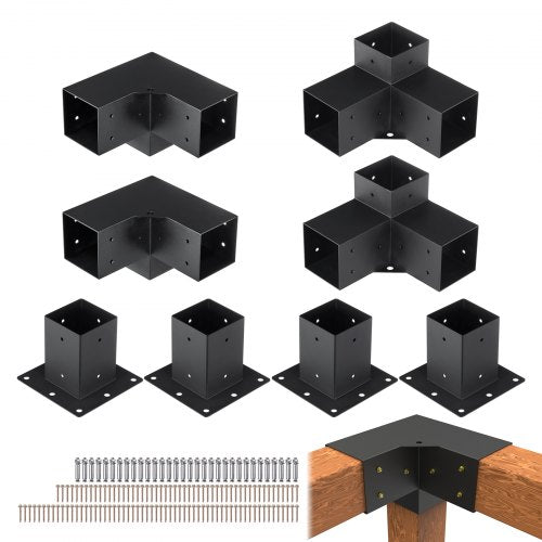VEVOR Pergola Bracket Kit 4''x4'', 8pcs 3-Way Heavy Duty Corner Bracket Woodworks DIY Post Base Kit, Easy Installation Wooden Beams for Gazebos, Patio Pergolas, Log Cabin Outdoor Pergola Hardware