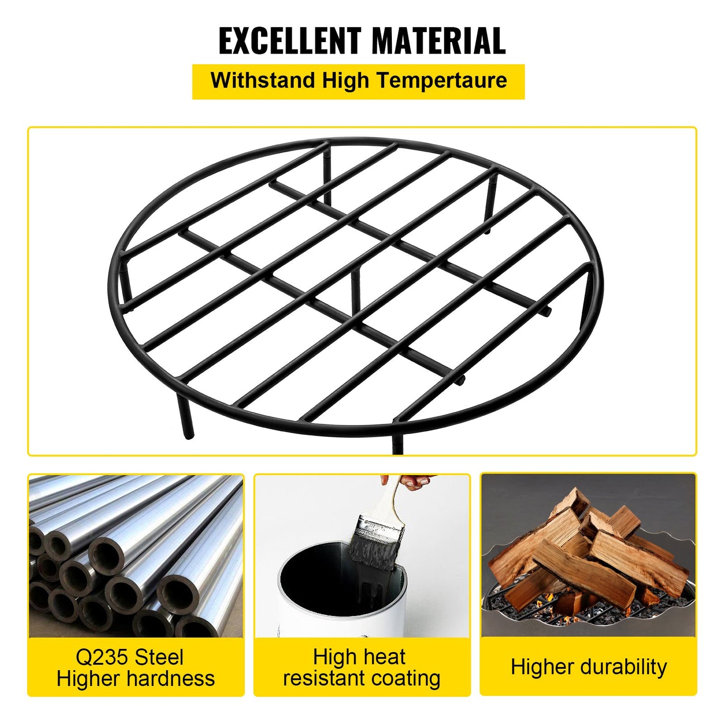 VEVOR Fire Pit Grate, Heavy Duty Iron Round Firewood Grate, Round Wood Fire Pit Grate 24, Firepit Grate with Black Paint, Fire Grate with 7 Removable Round Legs for Burning Fireplace and Firepits
