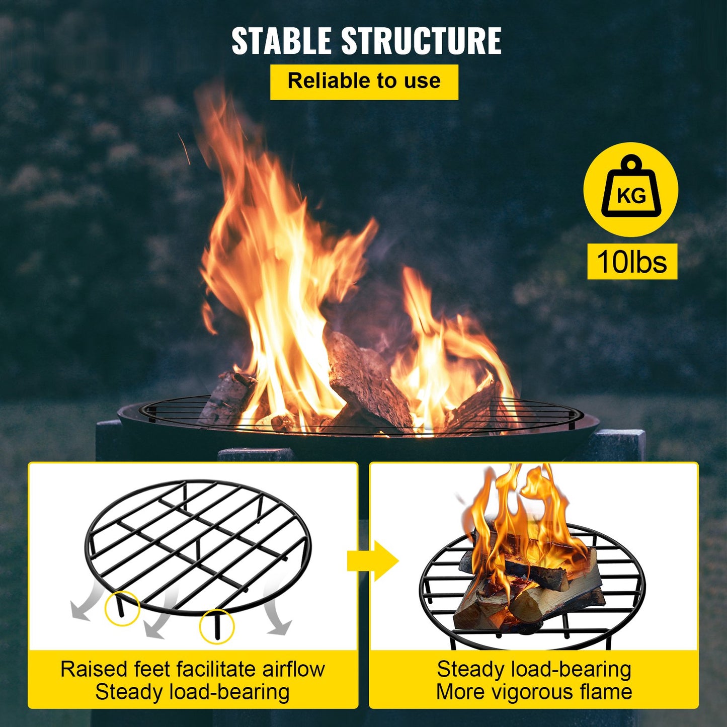 VEVOR Fire Pit Grate, Heavy Duty Iron Round Firewood Grate, Round Wood Fire Pit Grate 24, Firepit Grate with Black Paint, Fire Grate with 7 Removable Round Legs for Burning Fireplace and Firepits