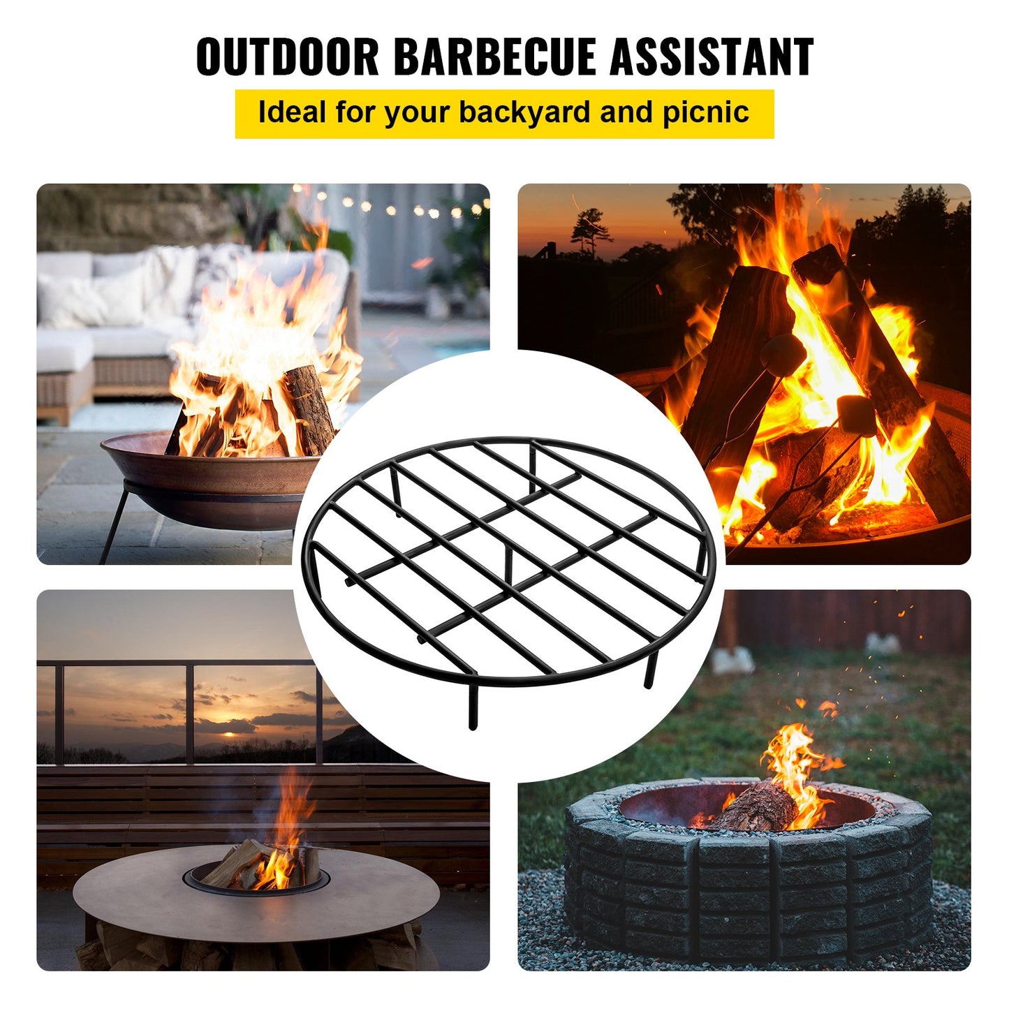 VEVOR Fire Pit Grate, Heavy Duty Iron Round Firewood Grate, Round Wood Fire Pit Grate 24, Firepit Grate with Black Paint, Fire Grate with 7 Removable Round Legs for Burning Fireplace and Firepits