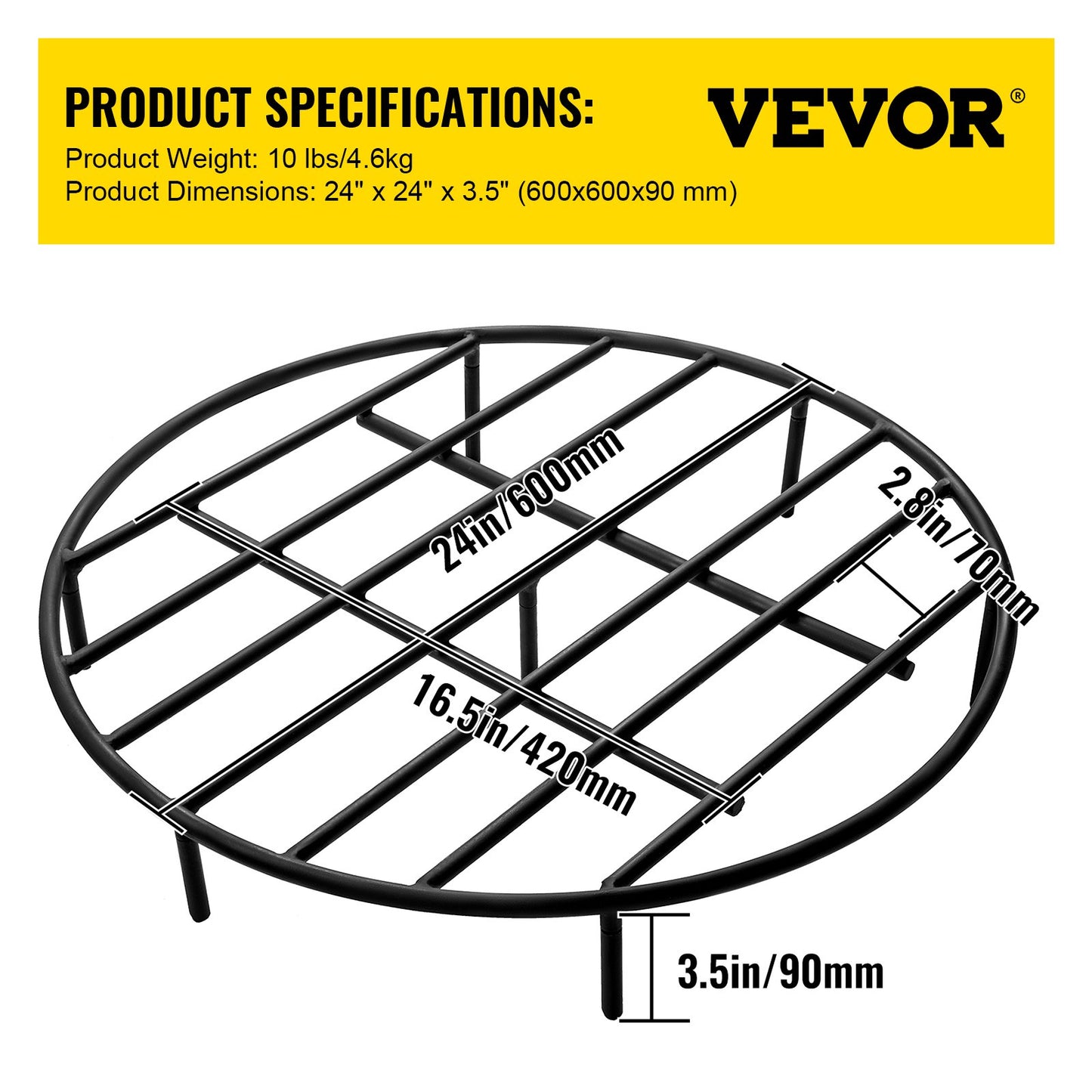VEVOR Fire Pit Grate, Heavy Duty Iron Round Firewood Grate, Round Wood Fire Pit Grate 24, Firepit Grate with Black Paint, Fire Grate with 7 Removable Round Legs for Burning Fireplace and Firepits