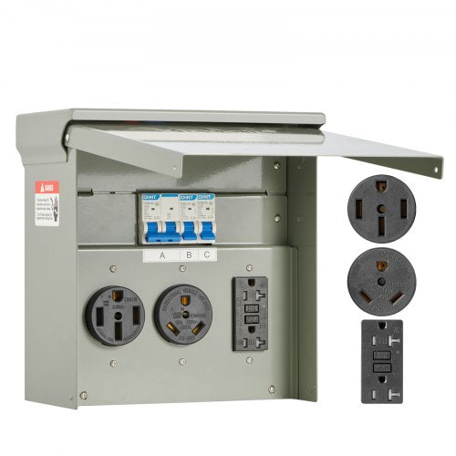 Temporary Power Outlet Panel, 20 30 50 Amp, RV EV Electrical Outlet Panel, with NEMA 50 Amp NEMA 30 Amp GFCI 20 Amp Receptacle Installed, Pre-Wired IP54 Weatherproof Box, for RV Camper Motorhome