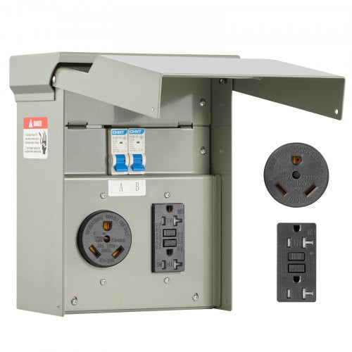 Temporary Power Outlet Panel, 20 30 Amp, RV EV Electrical Outlet Panel with NEMA 30 Amp GFCI 20 Amp Receptacle Installed, Pre-Wired IP54 Weatherproof Box, for RV Camper Car Travel Motorhome