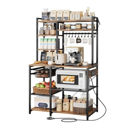 Kitchen Bakers Rack, 5 ft Power Cable Bakers Rack with Power Outlet, Kitchen Stand with X-Shaped Support Bar, 10 S-Shaped Hooks, Coffee Bar Stand for Dishes, Spice Bottles, Built-In Power Strip