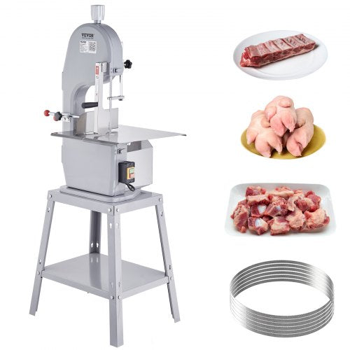 Commercial Electric Meat Bandsaw, 1500W Stainless Steel Vertical Bone Sawing Machine, Workbeach 19.3' x 15', 0.16-7.9 Inch Cutting Thickness, Frozen Meat Cutter with 6 Blades for Rib Pork Beef