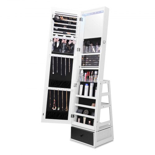 Mirror Jewelry Cabinet, 360¡ã Swivel Standing Mirror with Storage, Lockable Jewelry Mirror Organizer with Full Length Mirror, Velvet Lining, LED Light, Drawer, Freestanding Jewelry Armoire, White