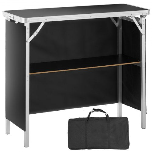 Folding Portable Bar Table, Tradeshow Podium Table for Indoor, Outdoor, Party, Picnic, Exhibition, Includes Carrying Case, Storage Shelf and  Black Skirt, 38.39' x 15.16' x 34.25'