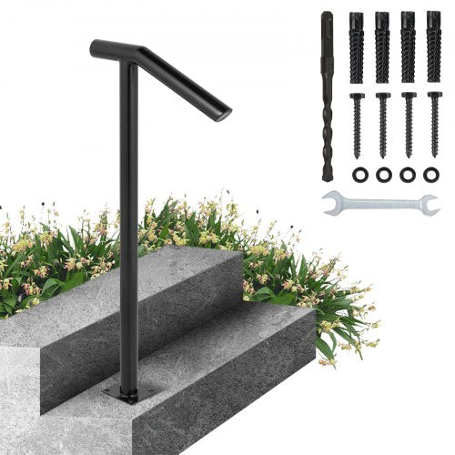Single Post 1-2, Black Steel Railing 441LBS Capacity Baking Varnish Iron Stairs Stylish Handrails for Outdoor Steps with Expansion Bolts & Drill Bit