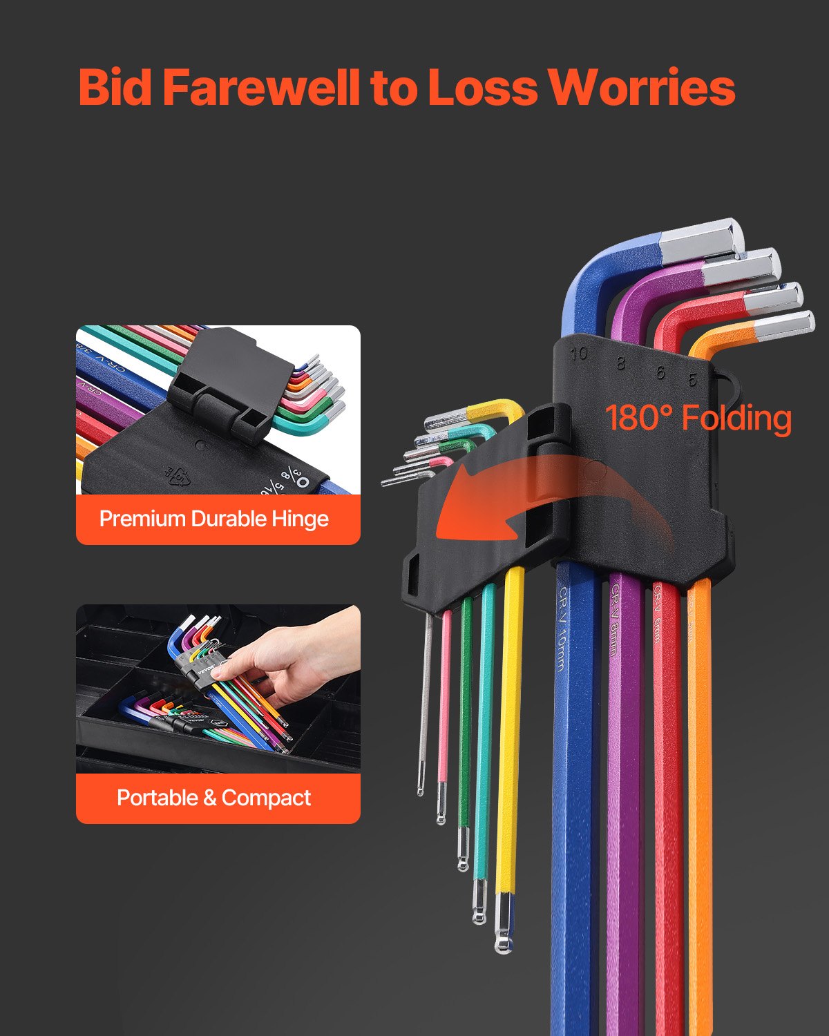 VEVOR Hex Key Allen Wrench Set 22pcs SAE and Metric Long Arm Ball End Key Set