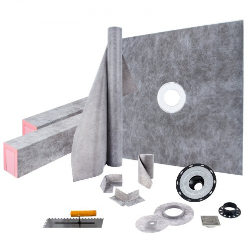 Shower Curb Kit, 48\'x48\' Watertight Shower Curb Overlay with 4\' PVC Central Bonding Flange, 4\' Stainless Steel Grate, 2 Cuttable Shower Curb and Trowel, Shower Pan Slope Sticks Fit for Bathr