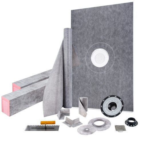 Shower Curb Kit, 48\'x72\' Watertight Shower Curb Overlay with 4\' ABS Central Bonding Flange, 4\' Stainless Steel Grate, 2 Cuttable Shower Curb and Trowel, Shower Pan Slope Sticks Fit for Bathr