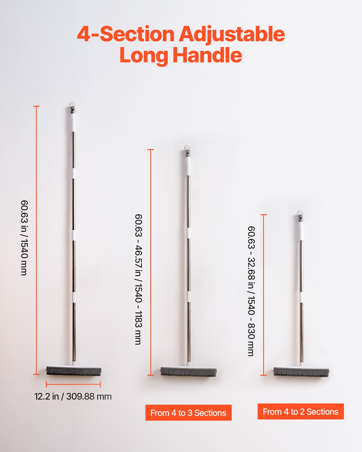 Pet Hair Removal Broom 58.46 in Adjustable Long Handle Pet Hair Rubber Broom