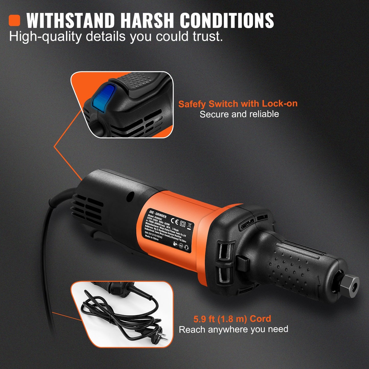VEVOR Die Grinder, 1/4 Collet Variable Speed (10000-28000RPM), Heavy Duty Electric, Ergonomic Grip for Rust Removal, Grinding, Cutting, Polishing, Welding Repair, Deburring, with 1/4 & 1/8 Collets