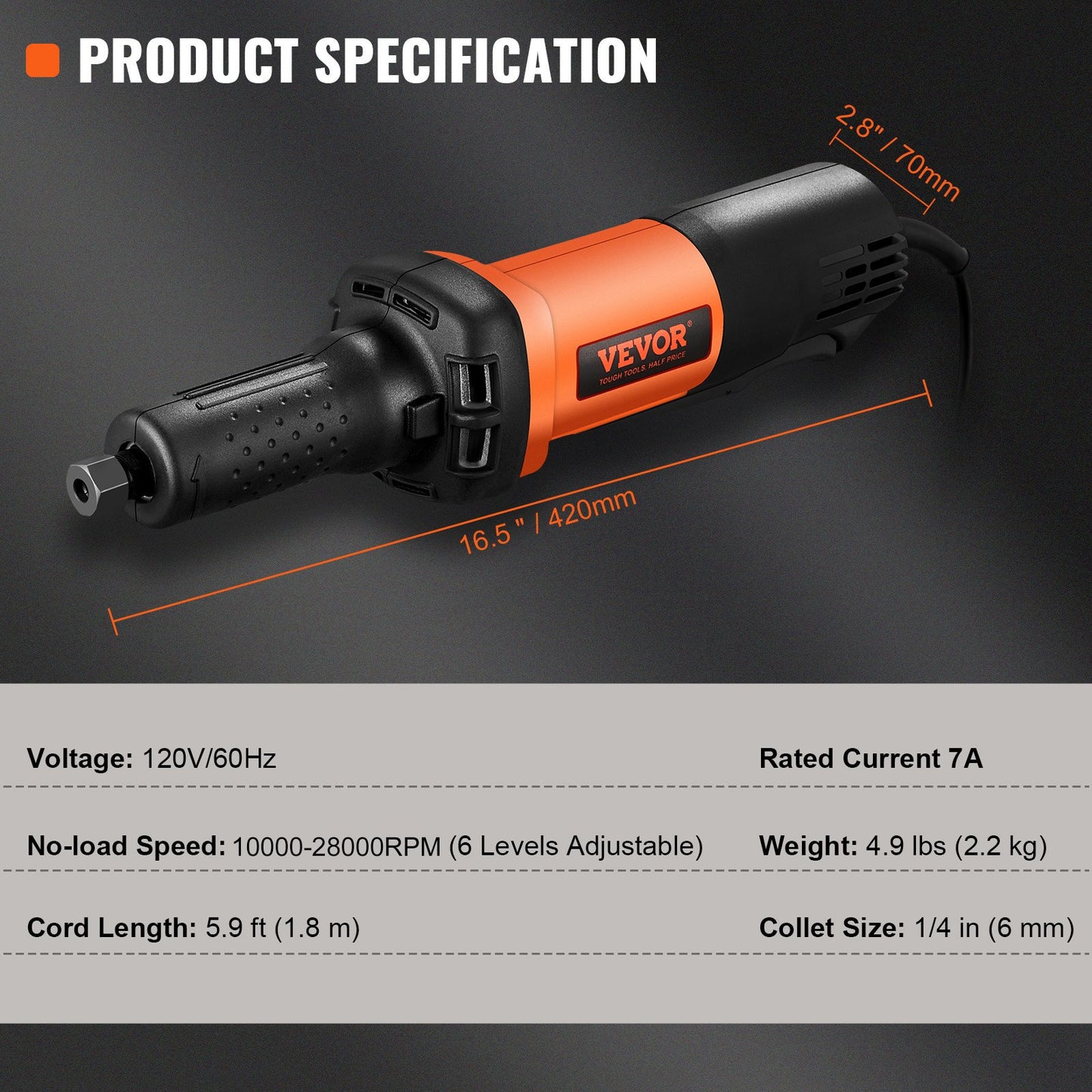 VEVOR Die Grinder, 1/4 Collet Variable Speed (10000-28000RPM), Heavy Duty Electric, Ergonomic Grip for Rust Removal, Grinding, Cutting, Polishing, Welding Repair, Deburring, with 1/4 & 1/8 Collets