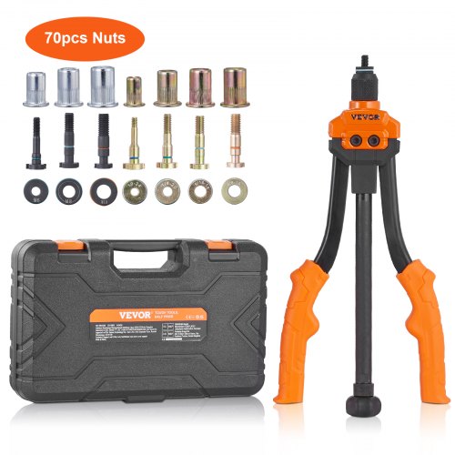 Rivet Nut Tool, 14¡± Rivnut Tool Kit with 7 PCS Metric and SAE Mandrels, 70 PCS Assorted Rivet Nuts, 10-24, 1/4-20, M6, 5/16-18, M8, 3/8-16, M10, Rivet Nut Kit With Rugged Carrying Case