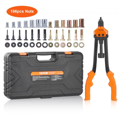 16' Rivet Nut Tool, Labor-Saving Rivnut Tool Kit with 13PCS Metric & SAE Mandrels, 186PCS Rivet Nuts,M3, M4, M5, M6, M8, M10, M12, 1/4-20, 5/16-18, 3/8-16,1/2-13, 8-32, 10-24 With Carrying Case