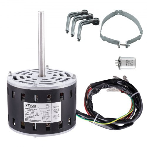 1/3HP Furnace Blower Motor, 110/120V 4.4Amps, 1075RPM 4 Speeds, CW/CCW Rotation, 48 Frame 5.2' Shaft Length, 5¦ÌF/370V Capacitor + 11' Hold Hoop