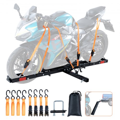 Motorcycle Carrier, 600 LBS Steel Motorcycle Carrier Hitch Mount with Loading Ramp, Scooter Dirt Bike Trailer Hauler with Ratchet Straps and Stabilizer, for Car, Truck with 2' Hitch Receiver