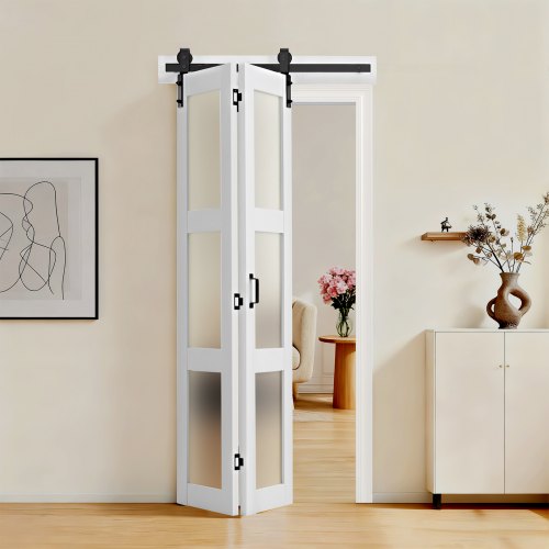 Bifold Barn Door, 36' x 84', MDF with Tempered Glass Bi-Fold Sliding Closet Doors, Hardware Kit Included, Space-Saving Design, Pre-Assembled Panels for Bedroom, Living Room, Wardrobe, White