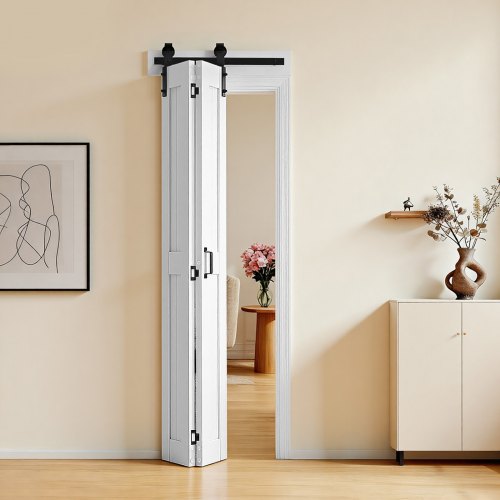 Bifold Barn Door, 24' x 84', MDF Bi-Fold Sliding Closet Doors, Hardware Kit Included, H-Frame Space-Saving Design, Need to Assemble, for Bedroom, Living Room, Wardrobe and Room Divider, White