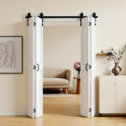 Bifold Barn Door, 48' x 84', MDF Bi-Fold Sliding Closet Doors, Hardware Kit Included, H-Frame Space-Saving Design, Pre-Assembled Panels for Bedroom, Living Room, Wardrobe and Room Divider, White