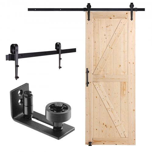 Barn Door and Hardware Kit, 30' x 84' Wood Sliding Barn Door, Smoothly and Quietly, Barn Door Kit with 8-in-1 Floor Guide and Door Handle, Spruce Wood Panelled Slab, Easy to Install