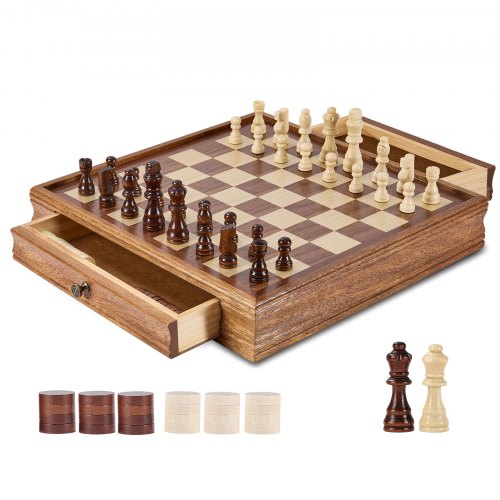 Solid Wood Chess Set, 15 inch  2-IN-1 Chess Checkers Game Set, Chess Board Games with Storage Drawer & Weighted Chess Checkers Pieces & 2 Queens, for Adults Kids Tournament Professional Beginner