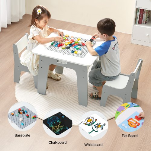 4 in 1 Kid Activity Table and 2 Chairs Set, Graffiti & Building Blocks Double-Sided Tabletop, Toddler Play Table with Storage for Kids 3+ Years, Large Storage Space, Gift for Boys & Girls, White