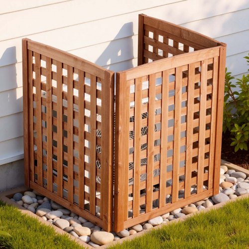 Wooden Privacy Fence, 32 x 38 inch Air Conditioner Fence, 3 Panel Solid Outdoor Wood Privacy Screen with Adjustable Angle, Hinge-Reinforced Structure, Trash Can Hider Fences for Garden