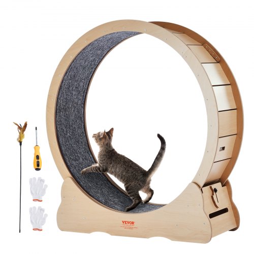 Wooden Cat Exercise Wheel, 43.3' Large Cat Treadmill Wheel for Indoor Cats, Cat Running Wheel with Detachable Carpet & Cat Teaser for Running/Walking/Training, Suitable for Most Cats Yellow