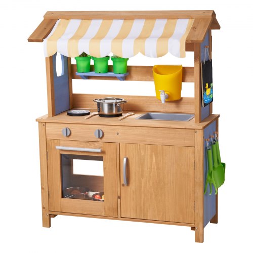 Mud Kitchen, Outdoor Mud Kitchen for Kids, Wood Outdoor Play Kitchens with Spoons, Sink, Tank, Sunshade Canopy, Shovels, Cookware Pots and Accessories, Wooden Play Kitchens for Home, Lawn