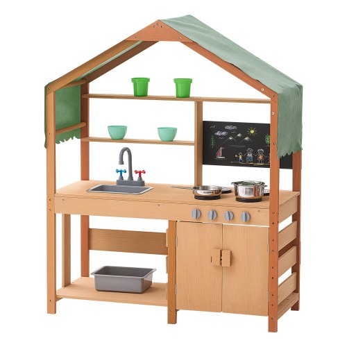 Mud Kitchen for Kids, Wooden Toy Play Kitchen Set with Accessories, Outdoor Toddler Grocery Store Playset, Pretend Play Kitchen with Stoves, Planter Boxes, Sink, Faucet, Blackboard, Cookware Pot