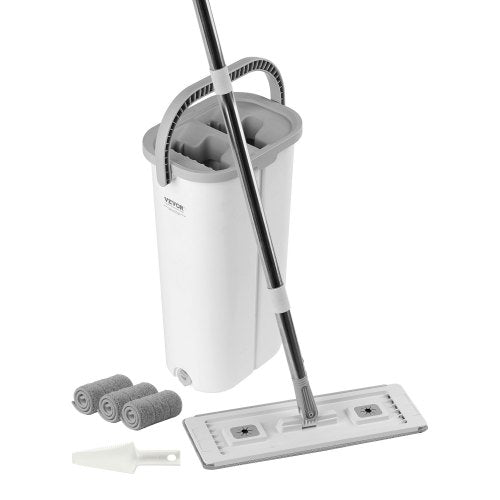 Mop and Bucket with Wringer Set, Wet & Dry Use, Flat Mop and Bucket System with 3 Washable Microfiber Pads, Flat Mop with Stainless Steel Handle, Mop Bucket Set for Hardwood Tile Vinyl