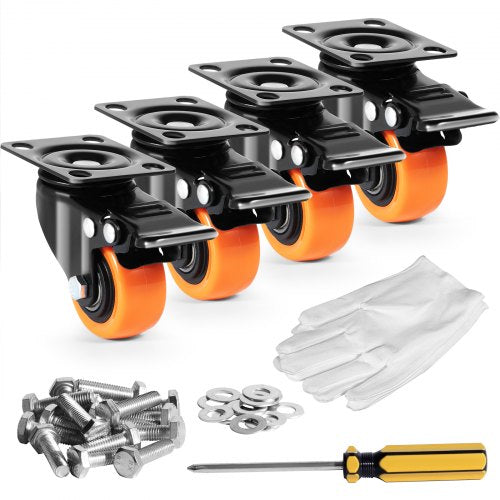 VEVOR Caster Wheels, 2-inch Swivel Plate Casters, Set of 4, with Security Dual Locking No Noise PVC Wheels, Heavy Duty 150 lbs Load Capacity Per Caster, Non-Marking Wheels for Cart Furniture Workbench