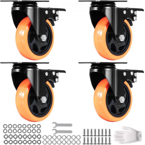 Caster Wheels, 4-inch Swivel Plate Casters, Set of 4, with Security A/B Locking No Noise PVC Wheels, Heavy Duty 350 lbs Load Capacity Per Caster, Non-Marking Wheels for Cart Furniture Workbench