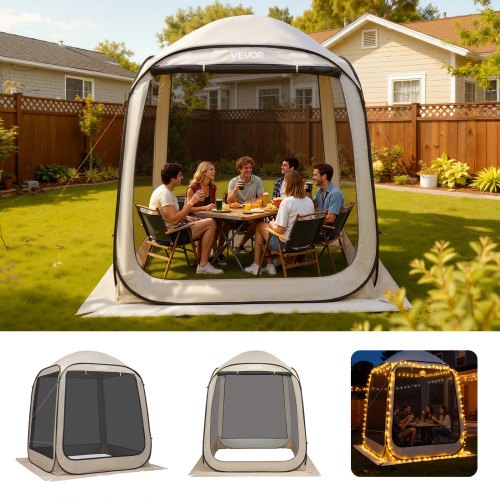 Screen House Tent, 6 x 6 ft, 4-6 Person Pop Up Screen Tent, Portable Screened in Canopy with Carry Bag, Netting Sides, Ground Stakes, for Garden, Patio, Backyard, and Outdoor Activities, Beige