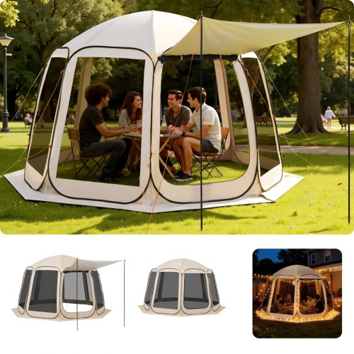 Screen House Tent, 12 x 11 ft, 10-12 Person Pop Up Screen Tent with Extended Awning, Portable Screened in Canopy with Carry Bag, Netting Sides, for Patio, Backyard, and Outdoor Activities, Beige